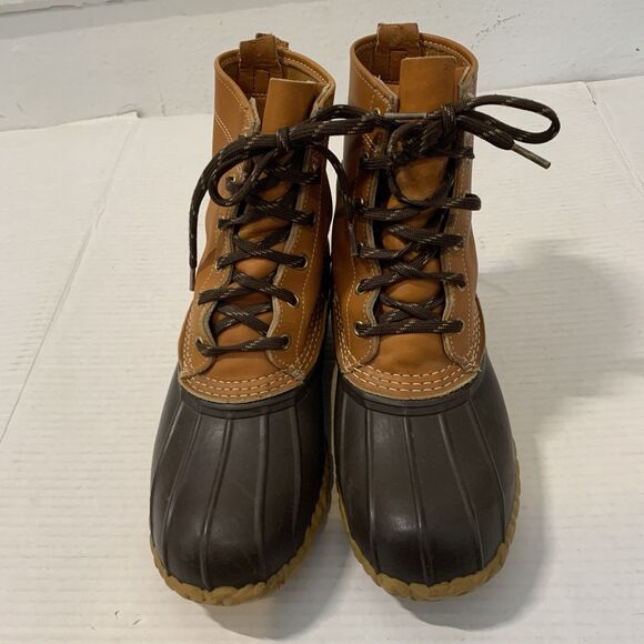 Bean Boots By LL Bean Mens 7 Womens 9 Rubber Duck Brown Gum Leather 6 Eye - Picture 2 of 9